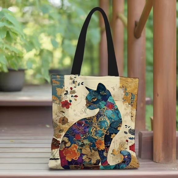 Handmade Handbags - Colorful Cat Tote Linen Canvas Bag